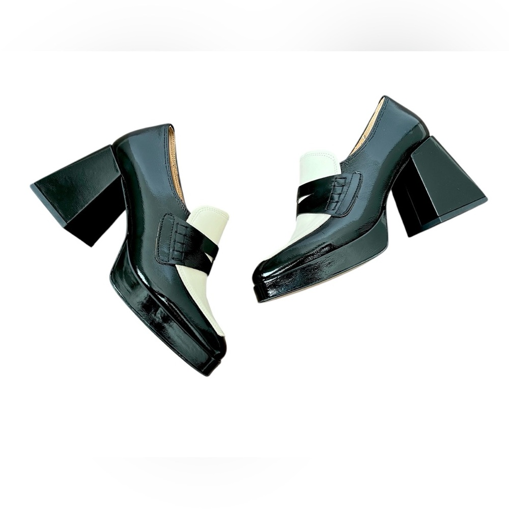 Embassy London Tamara Heeled Chunky Patent Leather Loafers Size 37 Black White - Picture 2 of 9